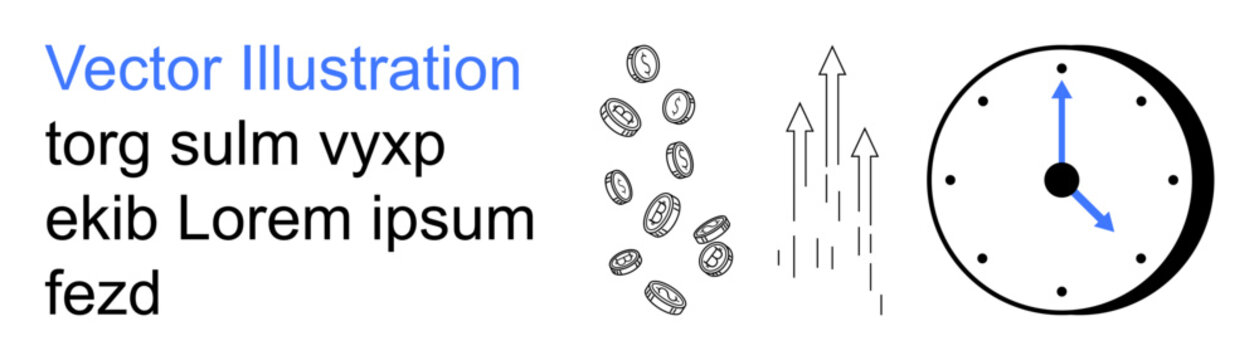 Finance, time management, economic growth, investment, profitability, schedule tracking. Black coins, upward arrows and a clock with blue hands. Finance and time management idea