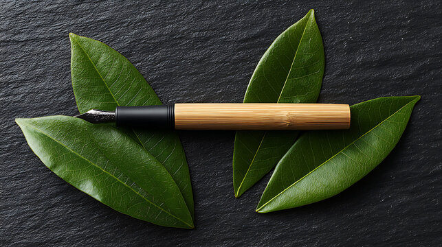 Elegant Bamboo Fountain Pen Resting on Lush Green Leaves Against Textured Dark Slate Background, Ideal for Eco-Conscious Branding and Stationery Design