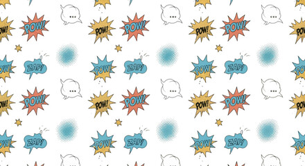 Comic Book Burst Pattern: A captivating seamless pattern featuring dynamic comic book Pow, Swish, and Bang elements scattered across the scene. Designed to evoke energy, action, and retro vibes.