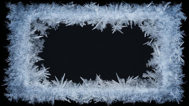 Winter frost frame with delicate ice crystal patterns on glass, rectangular border on black background with blank center space for text or graphics, elegant cold season design concept