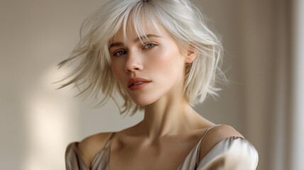 Portrait of a young woman with messy platinum blonde hair and natural makeup looking at the camera.