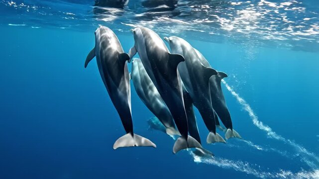 Playful dolphin ocean wildlife underwater marine mammal sea blue water swimming pod nature group graceful freedom tropical aquatic clear deep wave wild seascape habitat sunlight surface splash