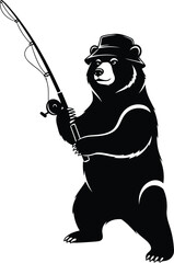 Black bear character with fishing pole and hat illustration