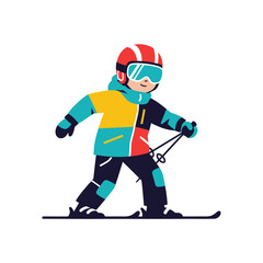 Obraz premium Happy Child Skiing in Colorful Winter Outfit and Helmet, Vector Illustration