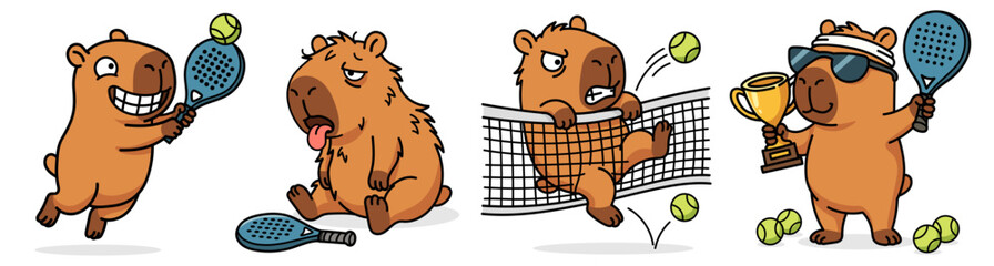 Funny capybara playing padel tennis vector set. Cute cartoon animal character mascot in four poses: jumping smash, exhausted sitting, angry at net and holding winner trophy cup.