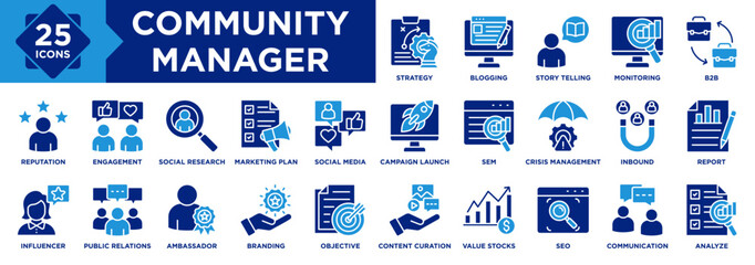 Community Manager icon collection set. Containing Strategy, Blogging, Story Telling, Monitoring, B2B, Communication, Inbound, SEM, SEO, Social Media icon