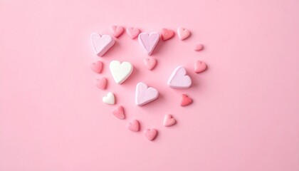 Fototapeta premium Sweet Heart Shape Arrangement of Colorful Candies and Marshmallows on Pink Background.