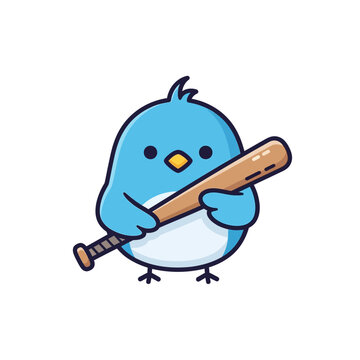 Cute Blue Bird Holding Baseball Bat Mascot Cartoon