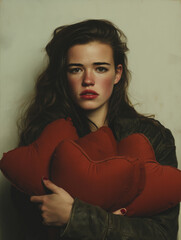 Artistic portrait of a young woman with a melancholic expression holding several red heart pillows against a neutral wall.