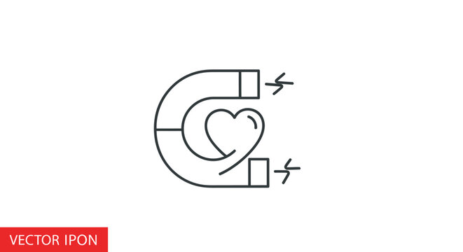 Line drawing of a horseshoe magnet with a heart and cube, symbolizing attraction and love, on a white background with a red VECTOR IPON label.
