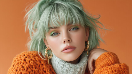 Close-up portrait of a stylish woman with short mint green hair and orange knit sweater against a vibrant orange background.