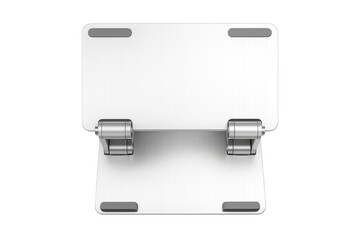 Minimalist white tablet stand with adjustable metal hinges and rubber grips for stability