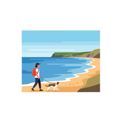 Obraz premium Woman walking dog on sunny beach with ocean and cliffs