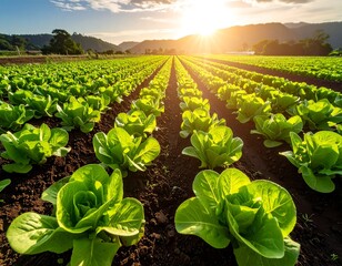 Lush Lettuce Field at Sunset - A Vibrant Agricultural Landscape.