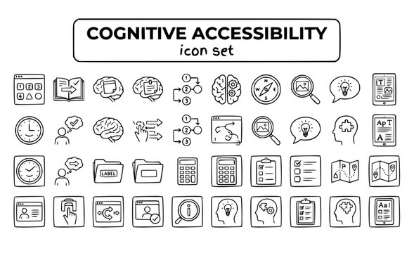 Cognitive Accessibility Features Clear Interface Simple Navigation Memory Support User-Friendly Design Line Vector Icon Set - Inclusive UX