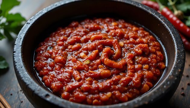 Vibrant and robust homemade chili garlic sauce served in a rustic black bowl, ready to ignite your taste buds. sambal oelek