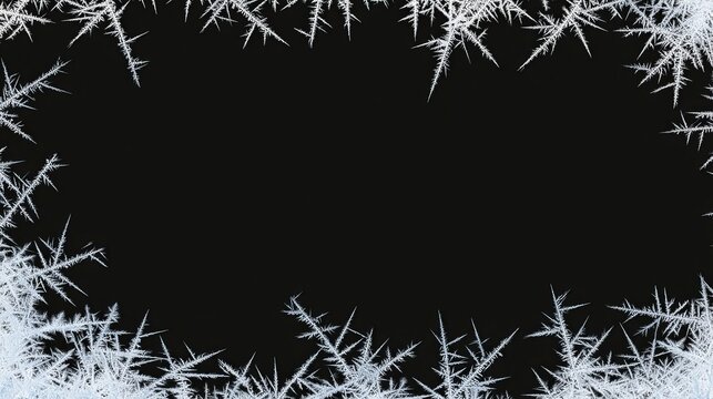 Winter frost frame with delicate ice crystal patterns on glass, rectangular border on black background with blank center space for text or graphics, elegant cold season design concept