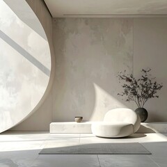 Minimalist Interior with Round Window and Chair in Natural Light.