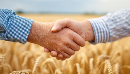 Two people shaking hands in a wheat field.
