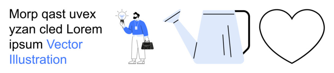 Business growth, creative solutions, teamwork, sustainability, care, innovation. A person holds a glowing lightbulb, next to a watering pot and heart icon. Business growth and creative solutions © robu_s