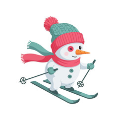Fototapeta premium Cute Snowman Skiing with Scarf and Hat, Winter Fun Cartoon Character
