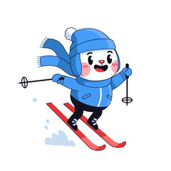 Fototapeta premium Cute Cartoon Bear Skiing Downhill in Winter Snow, Wearing Hat and Scarf