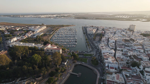 Aerial View of Ayamonte Harbor and Village, Andalusia, Spain