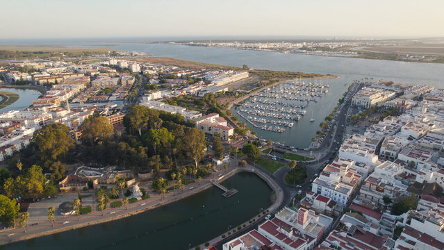 Aerial View of Ayamonte City and Marina With Portugal in the Background, Andalusia, Spain
