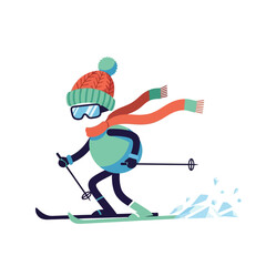Obraz premium Cartoon skier with scarf and hat skiing down a snowy slope, dynamic movement