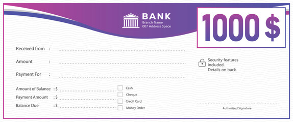 bank check template with purple gradient header and wavy background pattern. Professional financial document for payment, prize, or donation. Modern business layout on white.