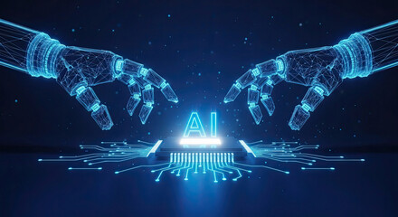 Robotic hands reaching towards a glowing AI symbol in a futuristic digital landscape viewed from a straight-on perspective