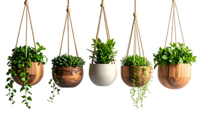 Five hanging planters with assorted greenery suspended against a solid black backdrop