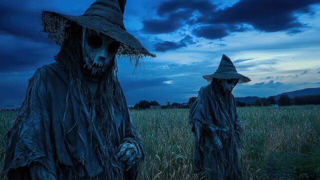Video Two scarecrows standing in a field at night, illuminated by moonlight