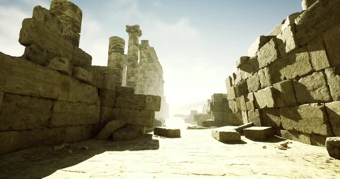 Sunlight casts a warm glow on the ancient ruins, highlighting tall columns and stone walls. The atmosphere evokes a sense of history and exploration in this remarkable landscape.