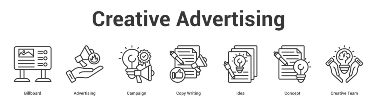 Creative Advertising web banner icon set vector illustration concept for business with icon of Billboard, Advertising, Campaign, Copy Writing, Idea, Conce.