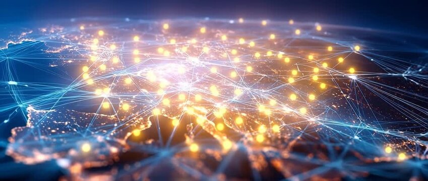 Glowing network connections on a dark blue background with bright lights and lines