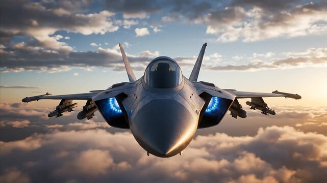 Modern jet aircraft flying through cloudy sky at sunset