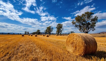 Golden hay bale in a vast field under a blue sky with white clouds.