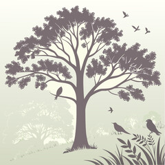Obraz premium Tree with Full Leaves and Birds Resting - Peaceful Nature Scene