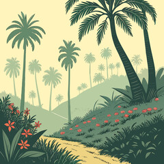 Naklejka premium Tropical Garden Landscape with Palm Trees and Lush Foliage