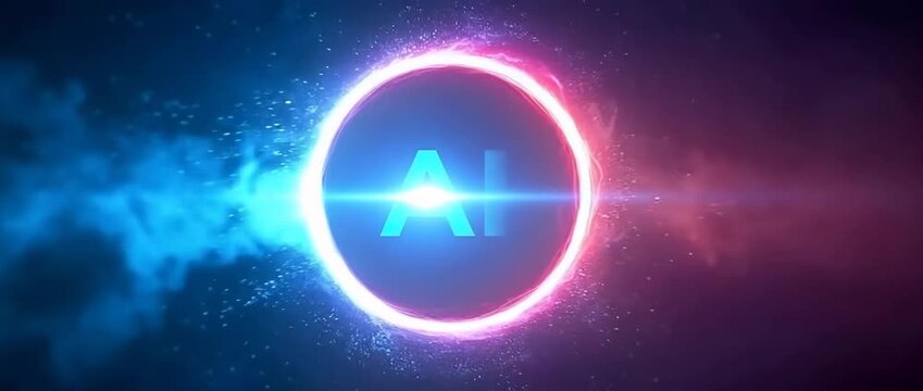 Neon glowing circles with ai symbol in space background with colorful clouds