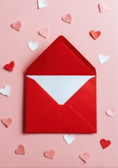Red envelope with hearts on pink background for valentines day.