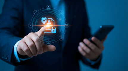 Businessman interacts with a futuristic holographic display illustrating digital data protection and cyber security concepts while holding a smartphon