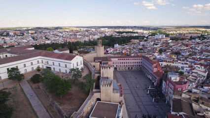 Fototapeta premium Aerial View of Colorful Plaza Alta With Alcazaba in Background, Badajoz, Spain