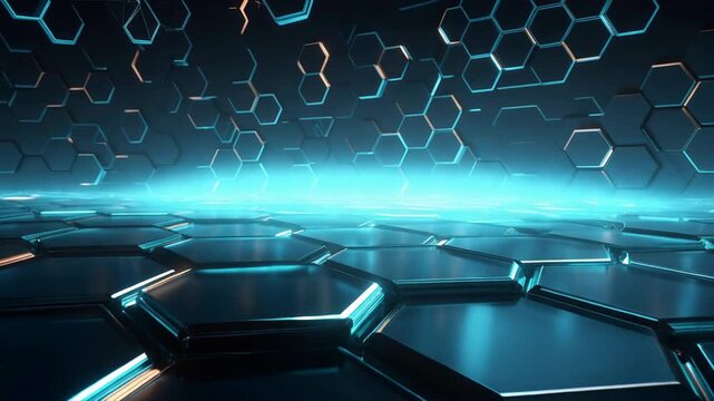 Futuristic hexagonal pattern with glowing edges, creating a high-tech digital environment.