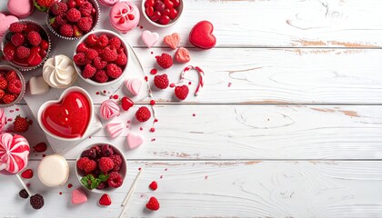 Valentines Day Sweet Treats and Fresh Raspberries Assortment on White Wood Background.