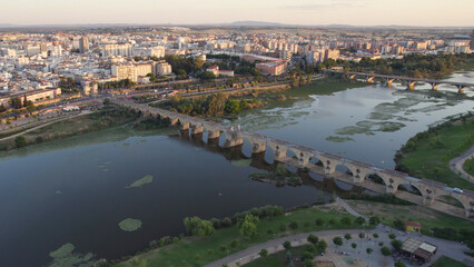 Obraz premium Aerial View of Badajoz Puente de Palmas Viaduct Crossing the Guadiana River, Spain