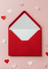 A red envelope on pastel background with hearts.