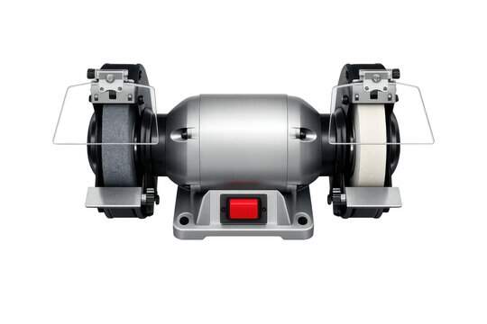 Professional bench grinder with two wheels and safety guards on a black background