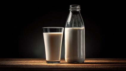 Glass and bottle of milk on a wooden table.